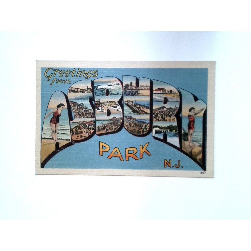 Vintage Greetings from Asbury Park NJ Large Letter Linen Postcard Swimmers 1946